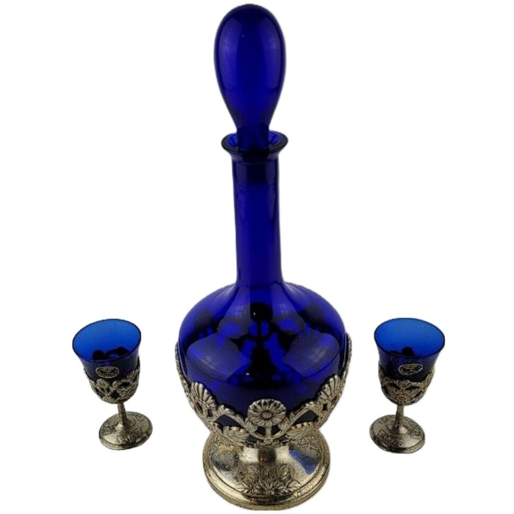 American Cut Crystal Corporation 3 Piece Cobalt Blue Decanter & Silver Plate Set